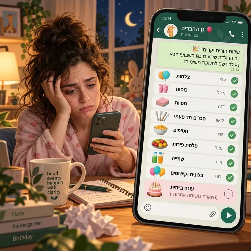 אמא בפיג׳מה בלילה מול רשימת חלוקת המשימות למסיבה בגן, נשארה רק העוגה