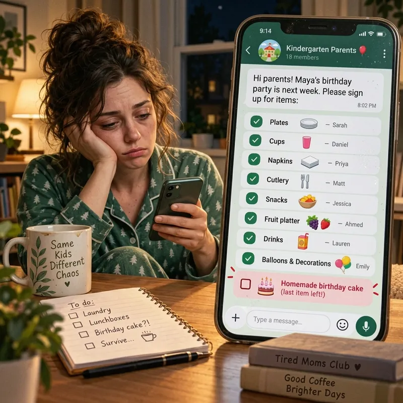 A mother in pajamas at night looking at the party task list, only the cake is left