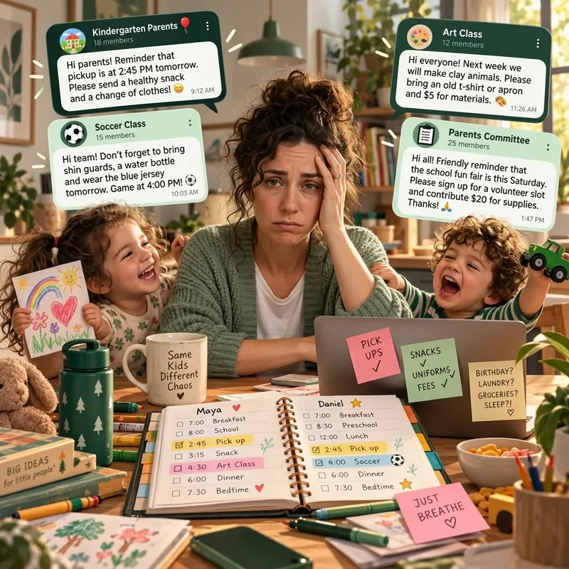 A mother with two kids facing four WhatsApp groups for kindergarten, class and after-school