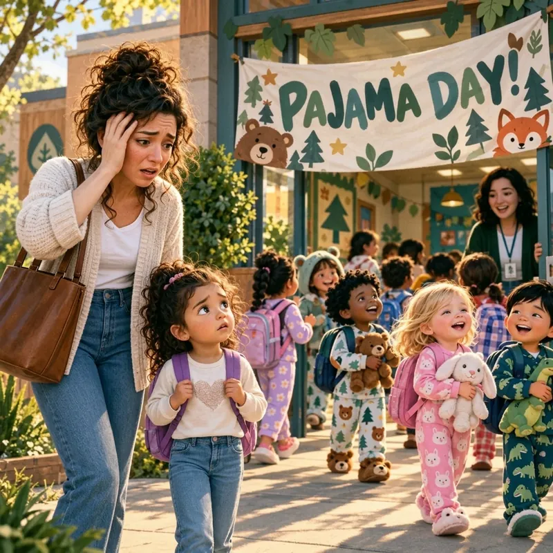A mother finds out at the kindergarten gate that it is pajama day, her daughter in jeans