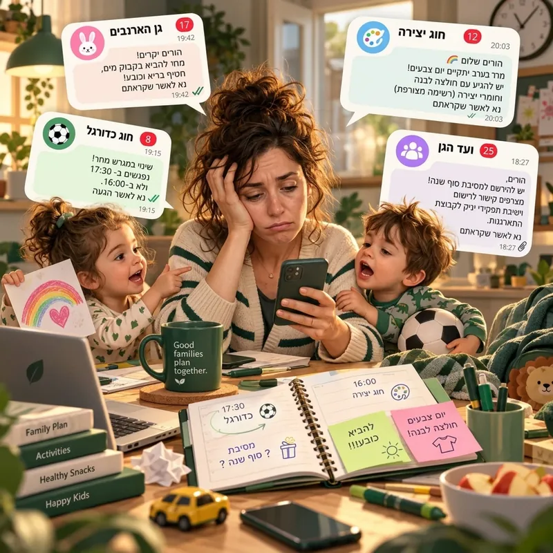 אמא עם שני ילדים מול ארבע קבוצות וואטסאפ של גן, כיתה וחוגים