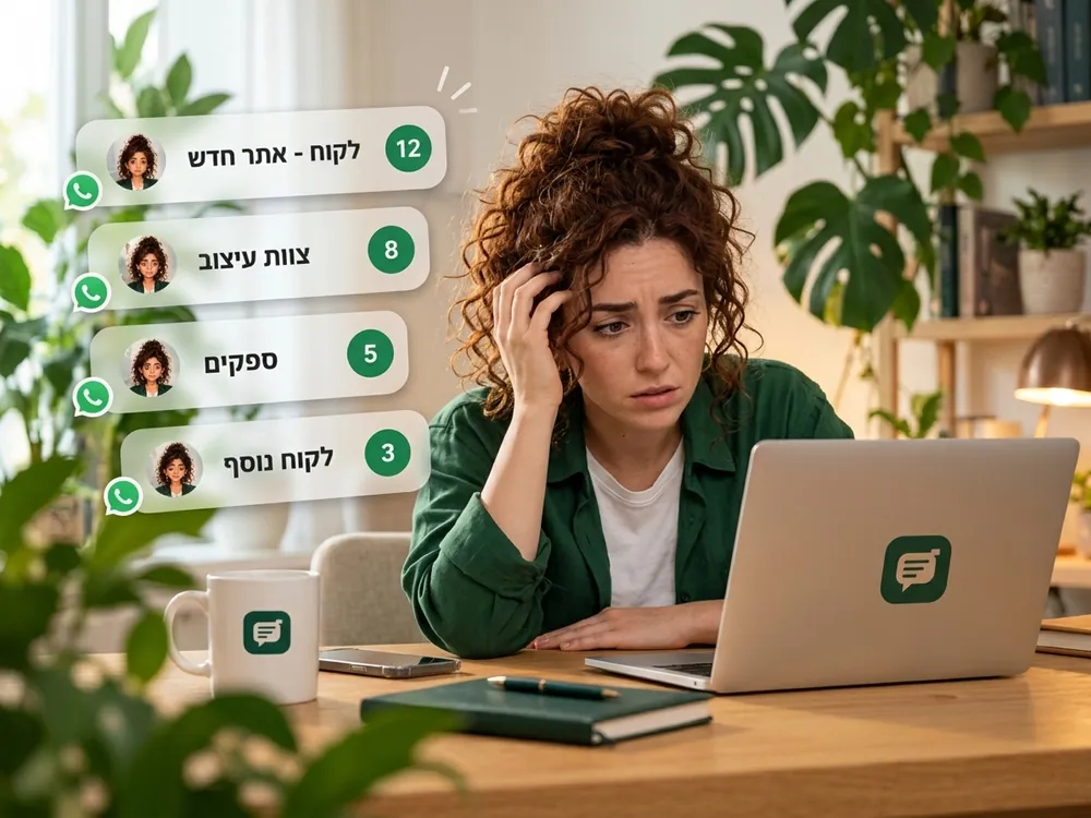 מפיקה מול ארבע קבוצות וואטסאפ עם הודעות שלא נקראו: לקוח, צוות עיצוב, ספקים ולקוח נוסף